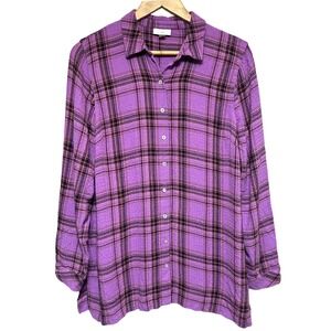 J. Jill Plaid Button Down Shirt Womens M Purple‎ Long Relaxed Fit Lightweight